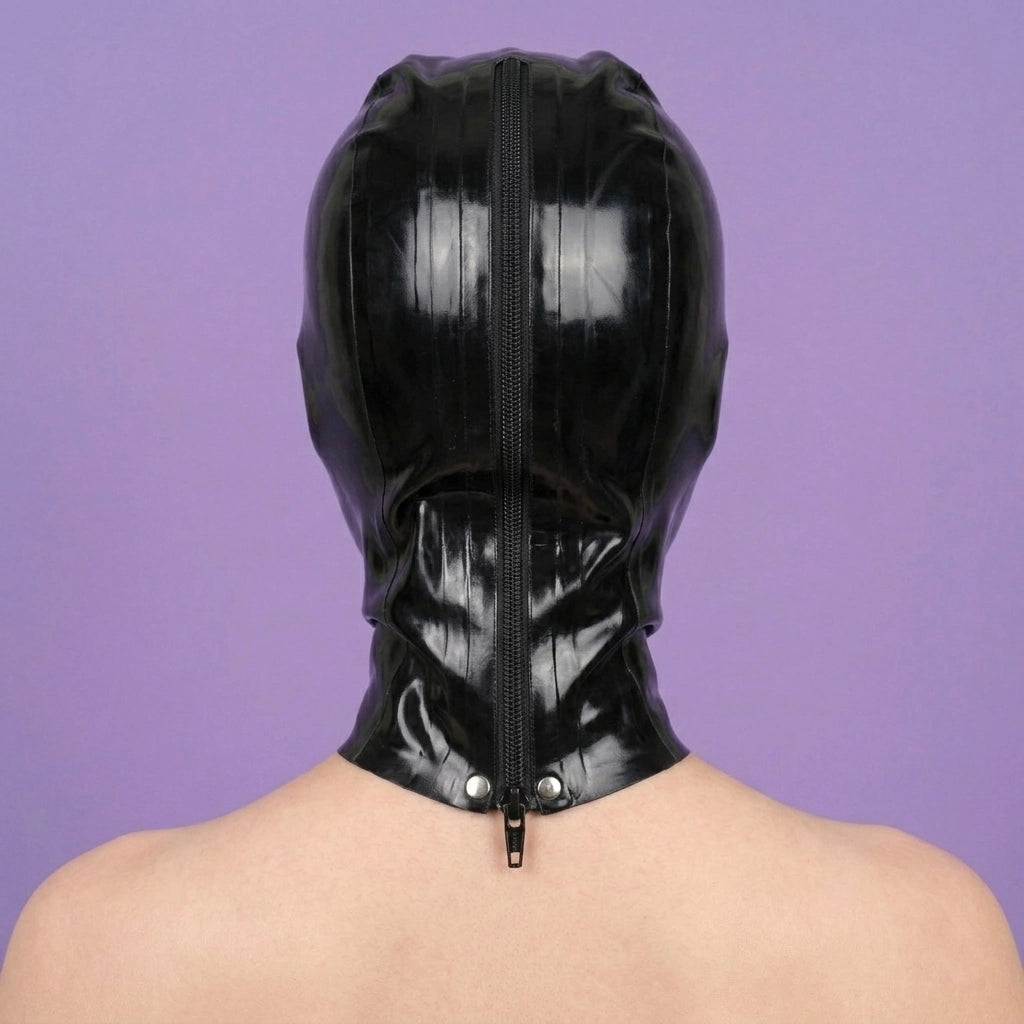 Black latex mask with a polished finish displayed on a girl, back view. You can see the zipper running across the entire mask on the back, starting at the top of the head and extending down to the neck.