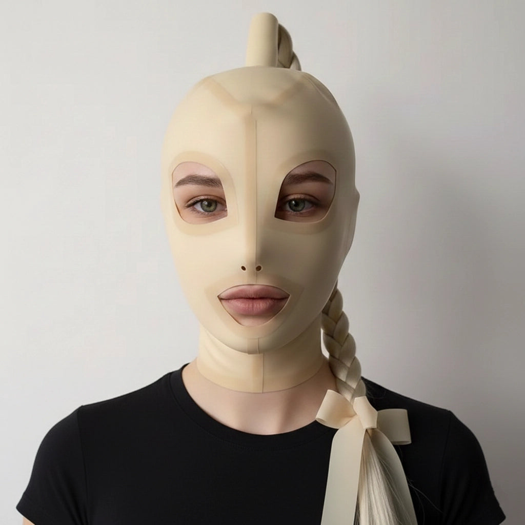 Beige latex hood with open face and blonde ponytail braid frontal view.