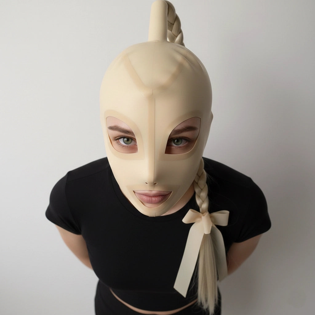 Top view of latex hood crown and ponytail attachment.
