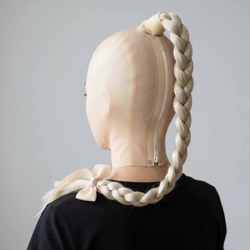 Rear view of beige latex hood showing the white back zipper closure.