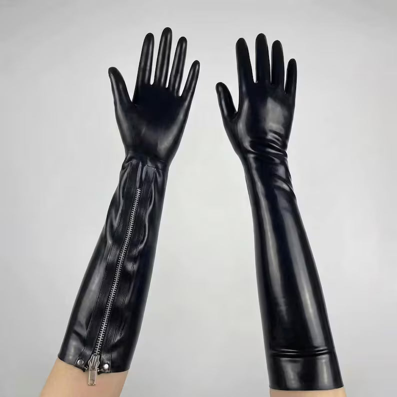 Comparison shot of latex gloves showing the smooth outer finish and the inner arm zipper construction.