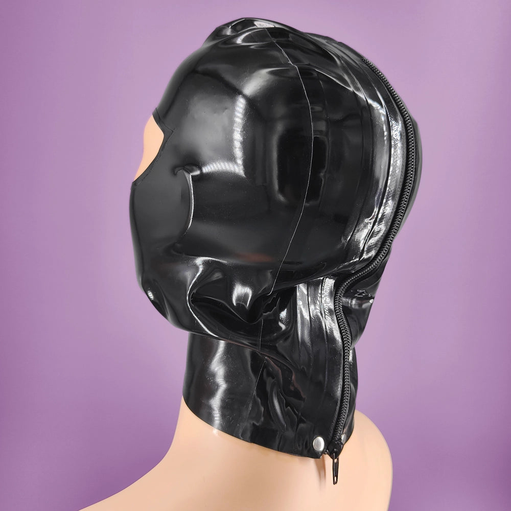 Black latex mask with a polished finish displayed on a white mannequin, back view. You can see the zipper running across the entire mask on the back, starting at the top of the head and extending down to the neck.