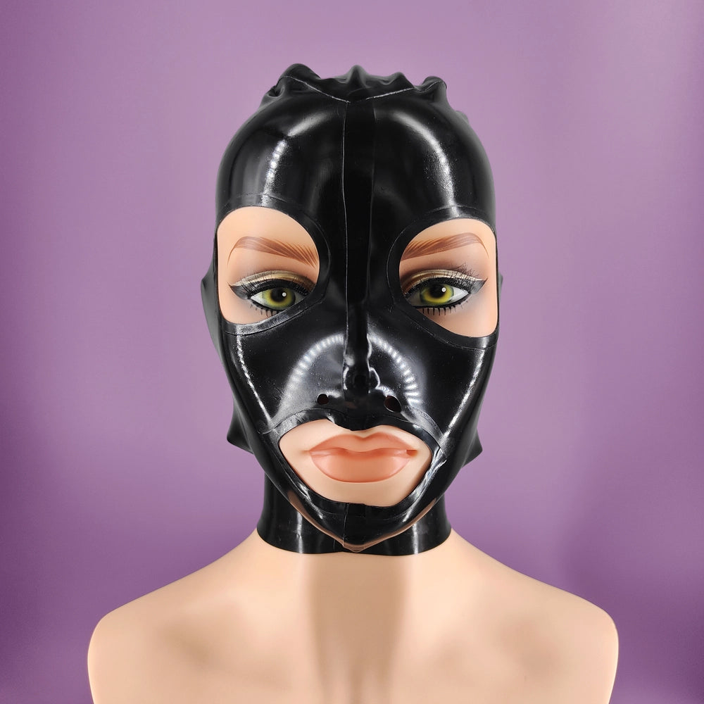 Close-up of the latex mask worn on a realistic mannequin, front view at face height.