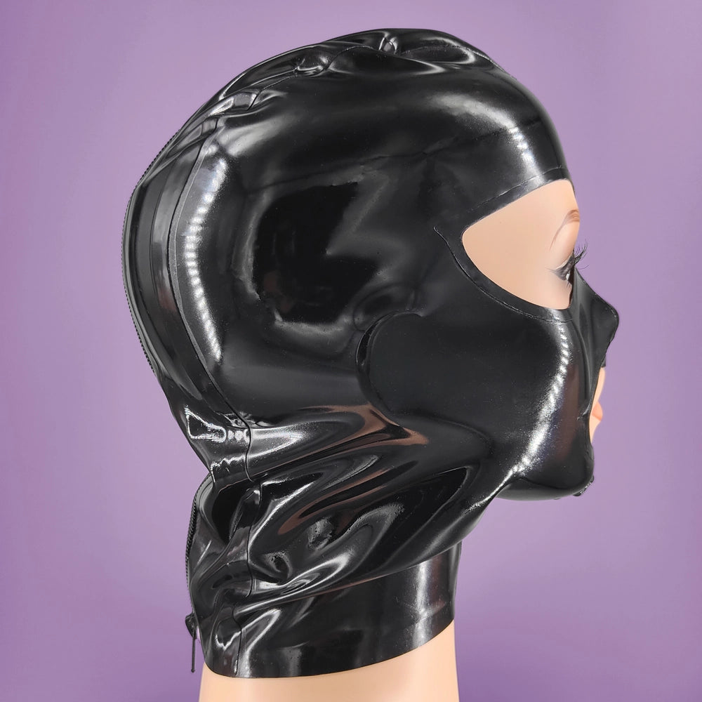 Black latex mask with a polished finish displayed on a realisticmannequin, right side view