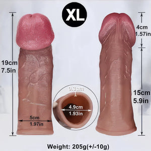Classic penis sleeve size XL measurements: 19 cm total length, 15 cm insertable length, 5 cm shaft width, 4.9 cm inner diameter, 4 cm solid glans