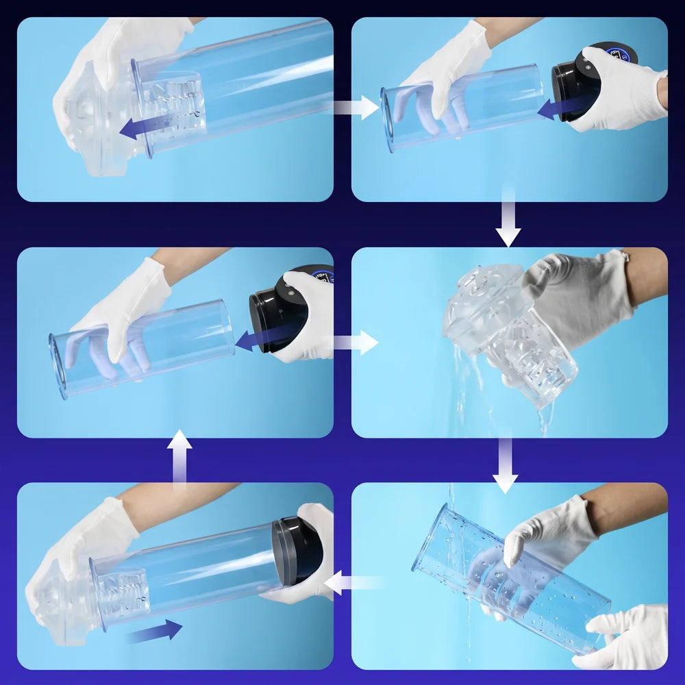 Step-by-step collage demonstrating how to safely disassemble and wash the electric vacuum pump.