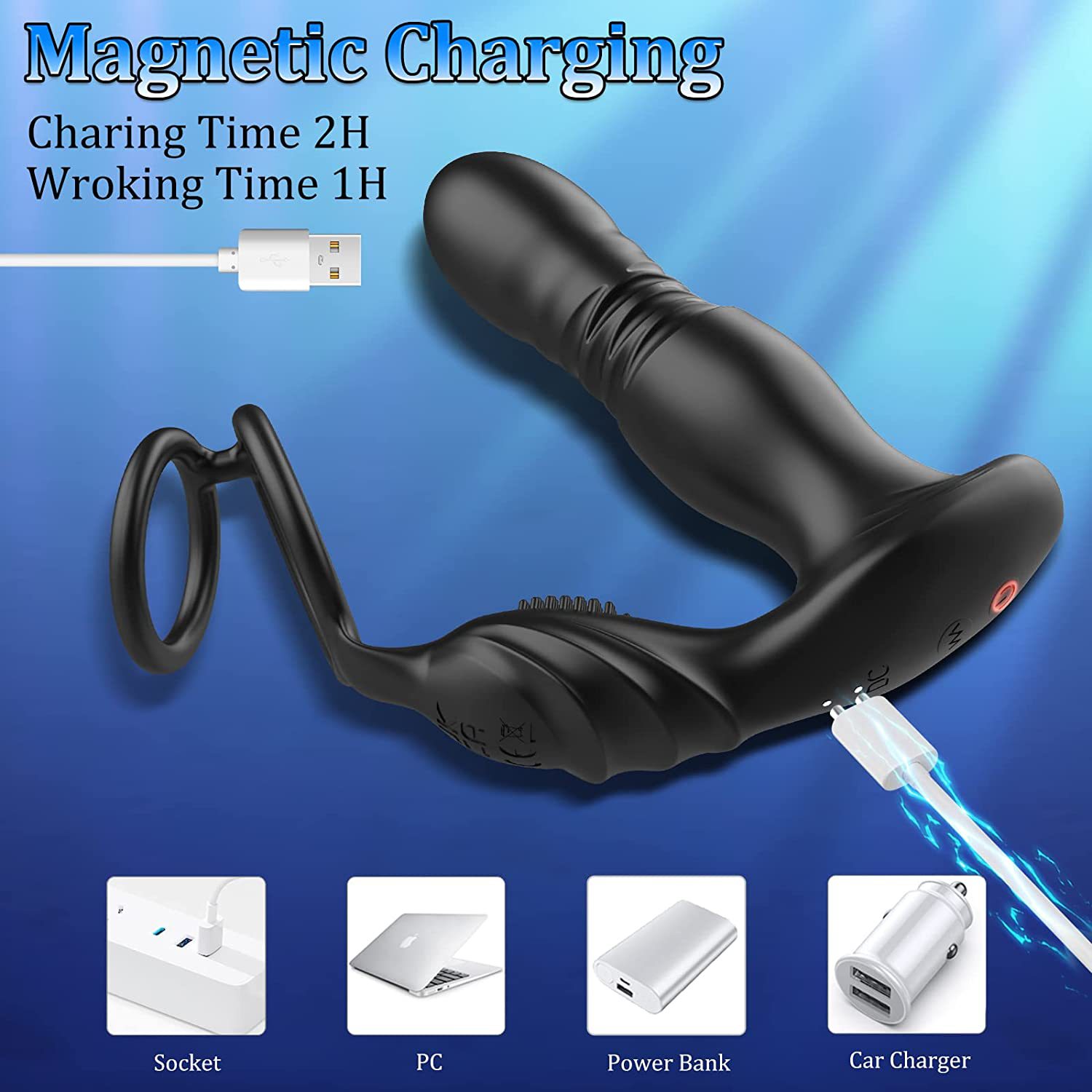 Prostate stimulator displaying its USB and magnetic charging features for convenient recharging