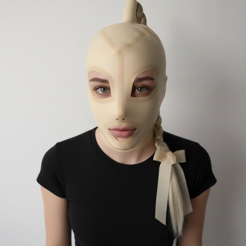 Beige latex hood with open face and blonde ponytail braid frontal view.
