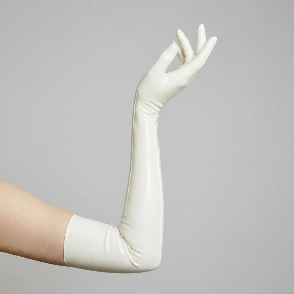 an arm showing opera latex glove in white coloration