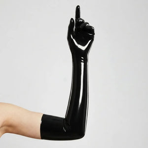 an arm showing opera latex glove in black coloration