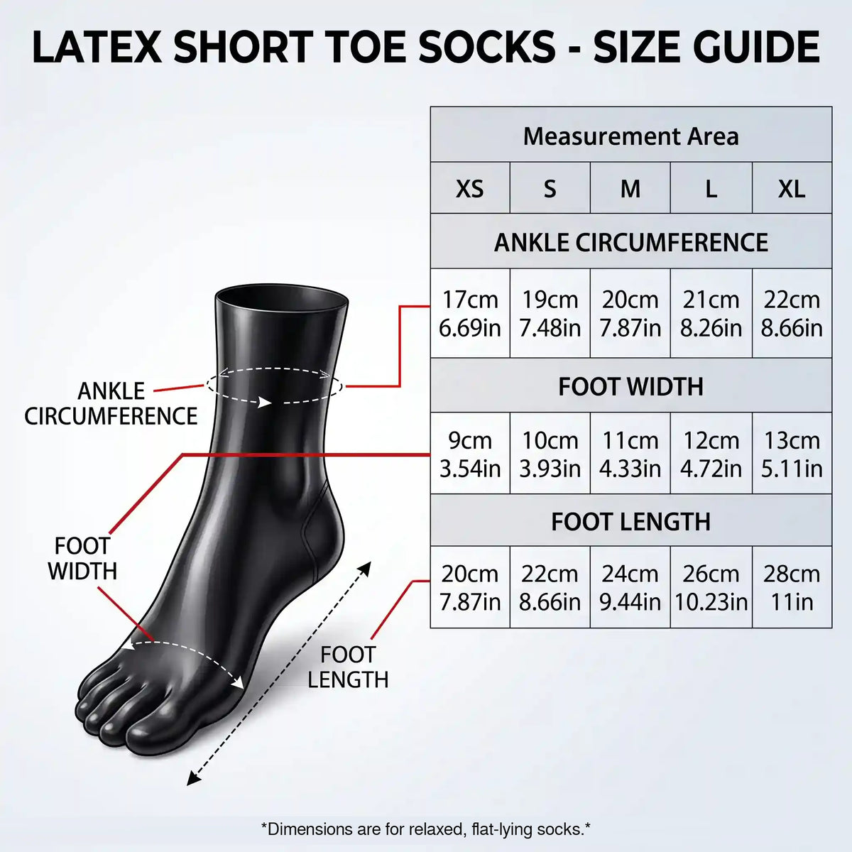 Size guide for short latex toe socks, XS to XL: ankle circumference, foot width and foot length