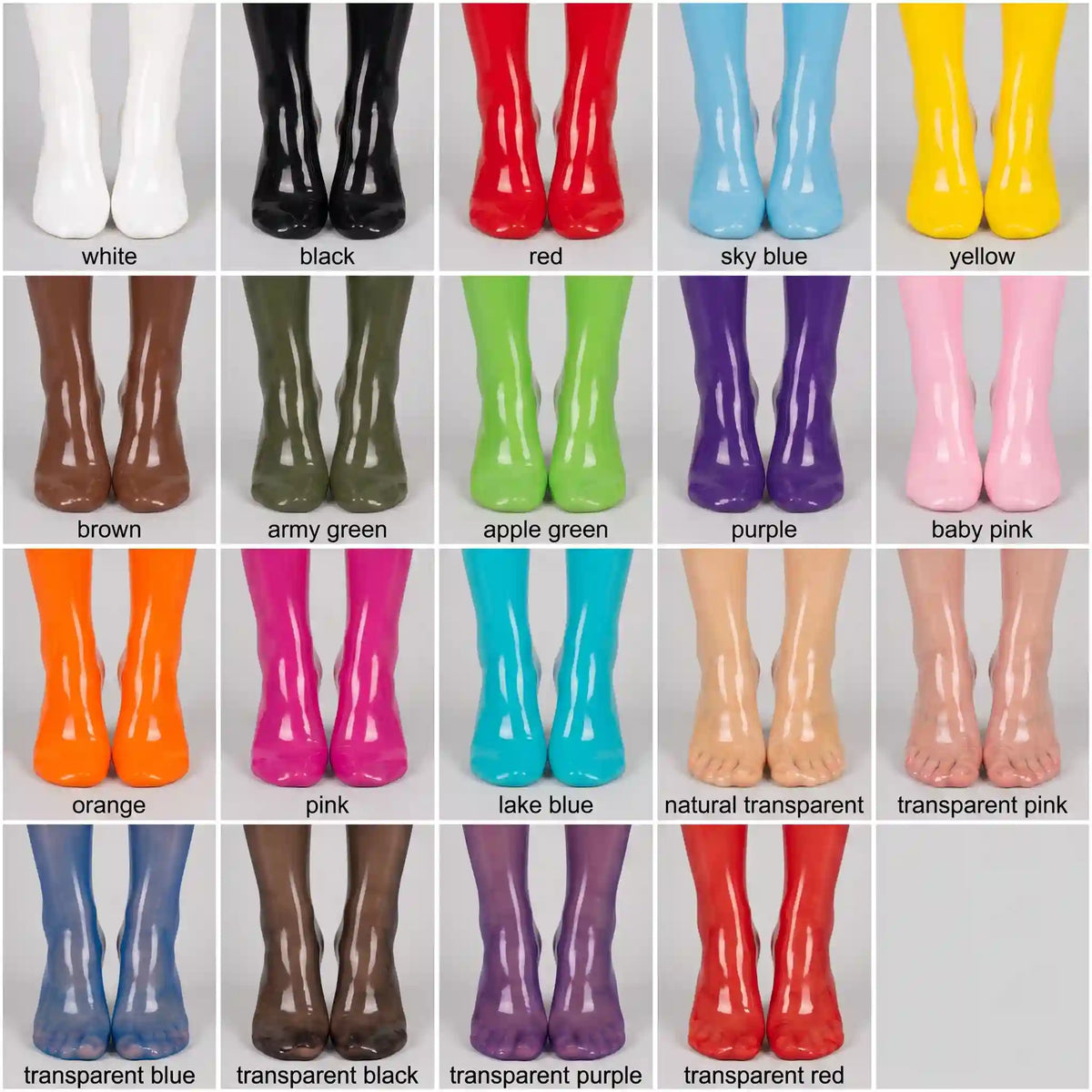 Colour chart of latex thigh high stockings in 19 colors, close-up of feet in each opaque and transparent shade