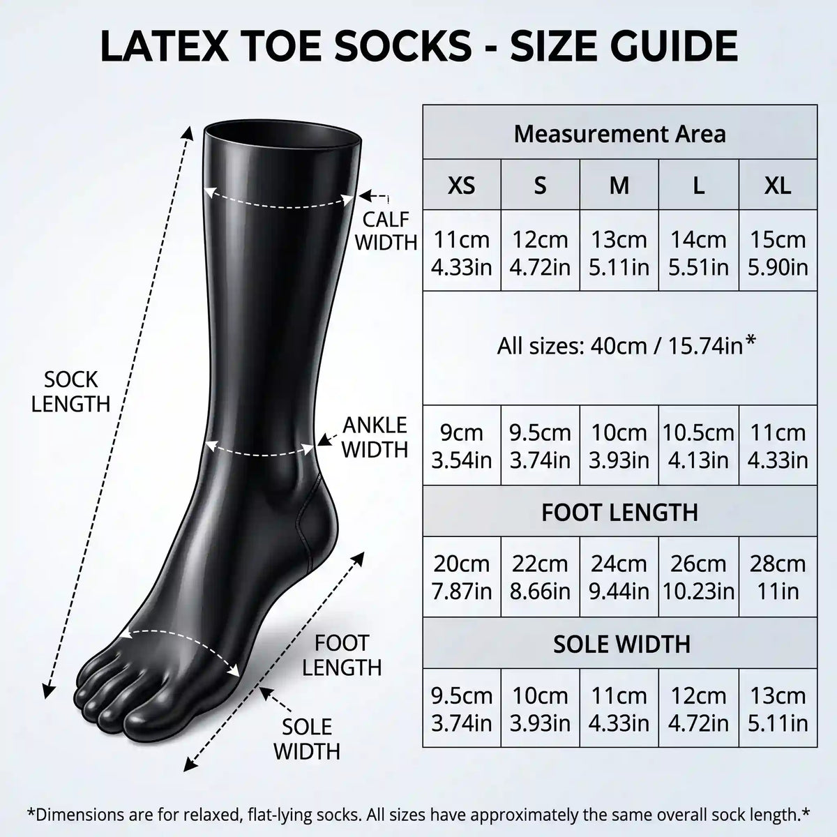 Size guide for latex toe socks, XS to XL: foot length, sole width, ankle width, calf width and 40 cm sock length