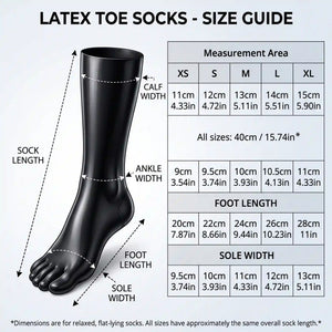 Size guide for latex toe socks, XS to XL: foot length, sole width, ankle width, calf width and 40 cm sock length