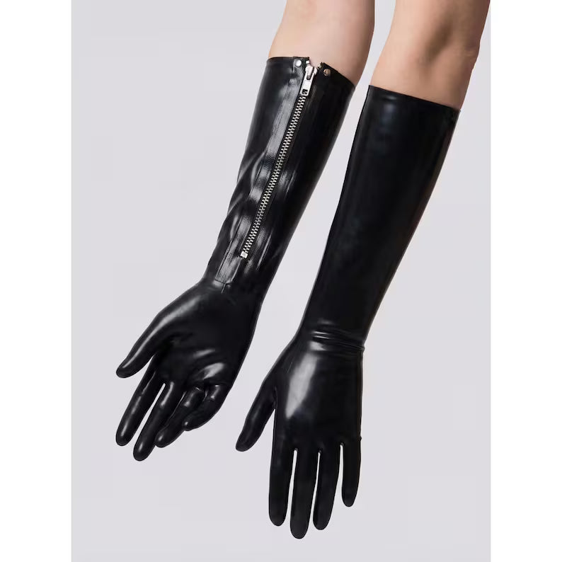 Natural fit of long black latex gloves reaching above the elbow.