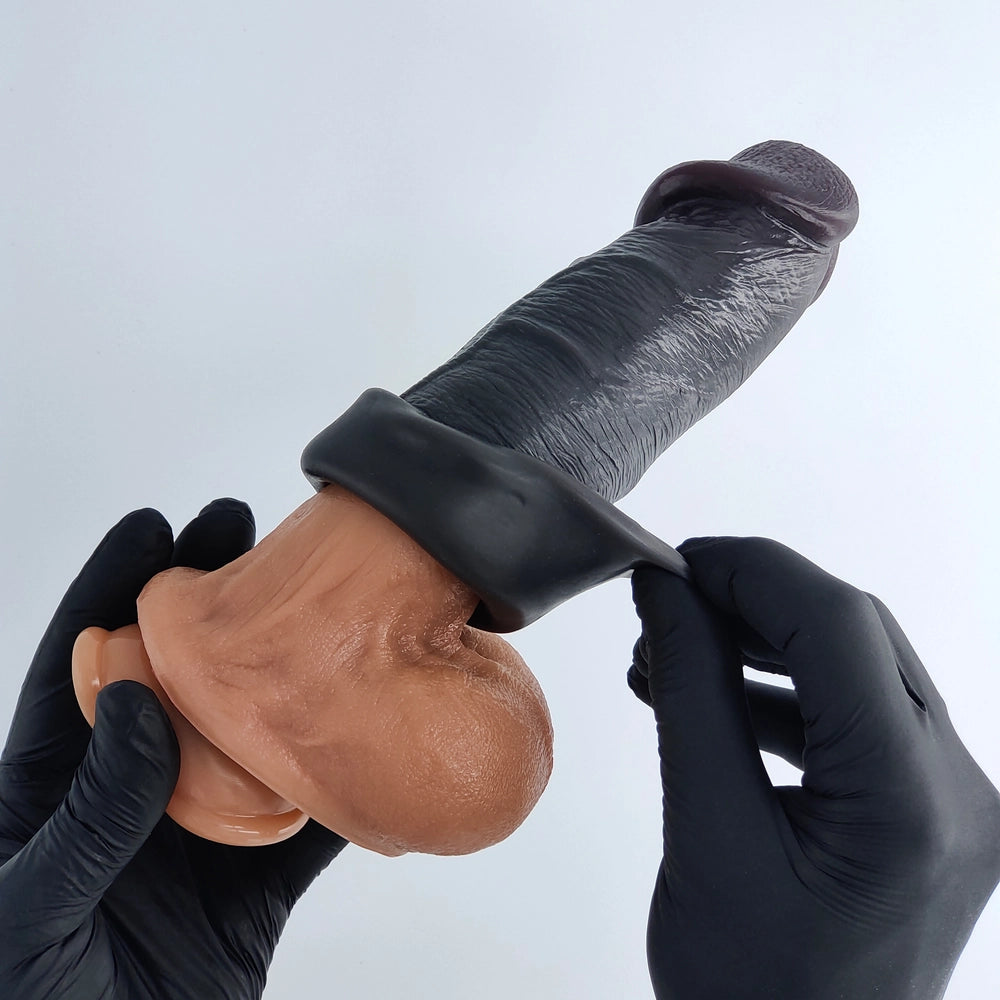 Mega Veins penis sleeve displayed on demonstration dildo