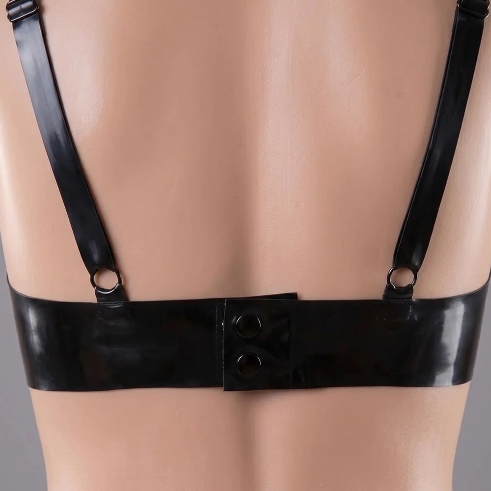 Close-up of the rear closure on the handmade open cup latex bra.
