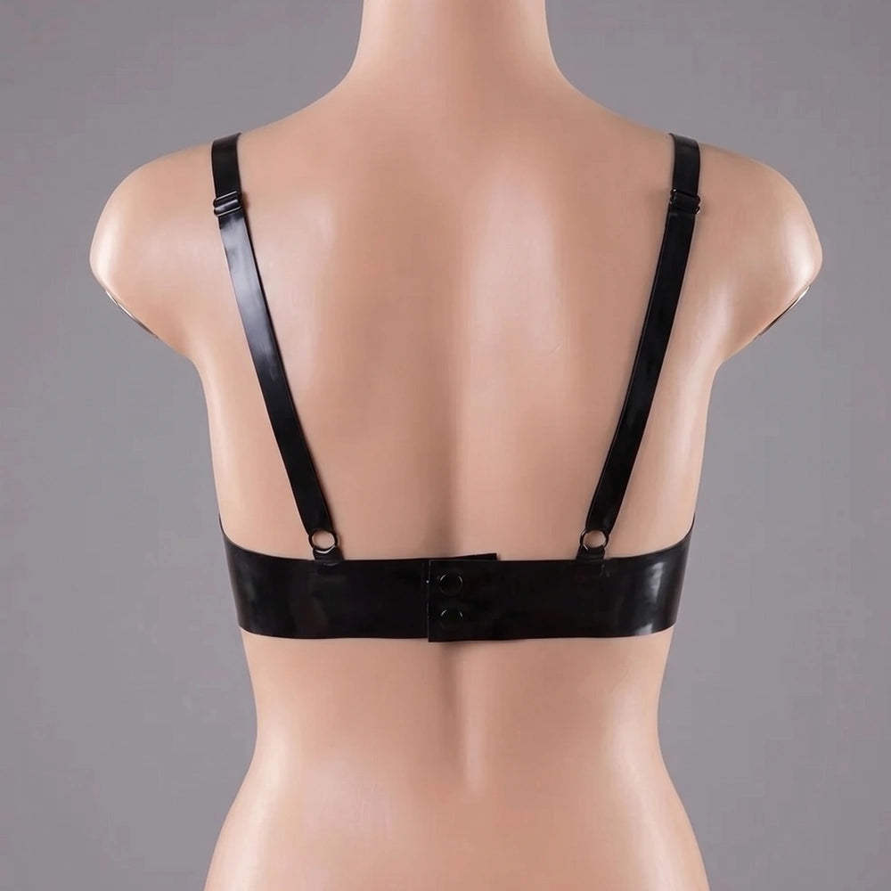 Back view of the handmade open cup latex bra.