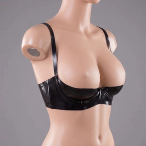 Three-quarter front left view of the handmade open cup latex bra.