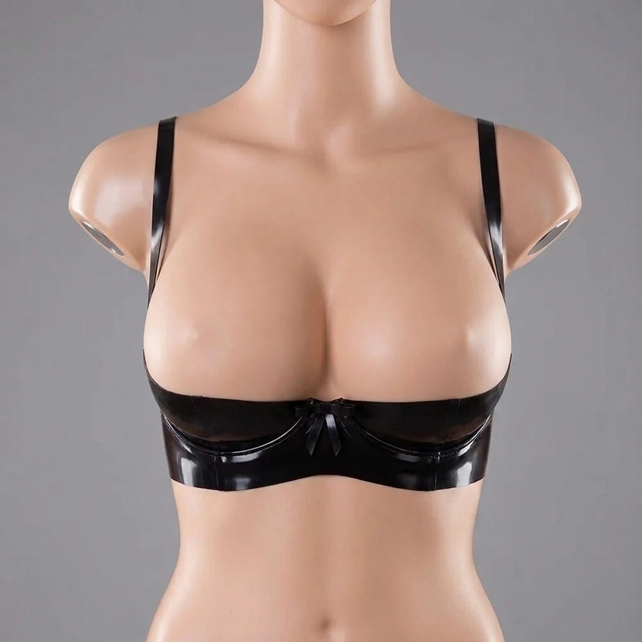 Handmade open cup latex bra in natural rubber latex, front view on realistic mannequin.