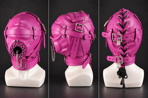 Collage of a pink leather bondage hood with black corset-style lacing, adjustable straps, silver buckles and padlocks, displayed on a white mannequin