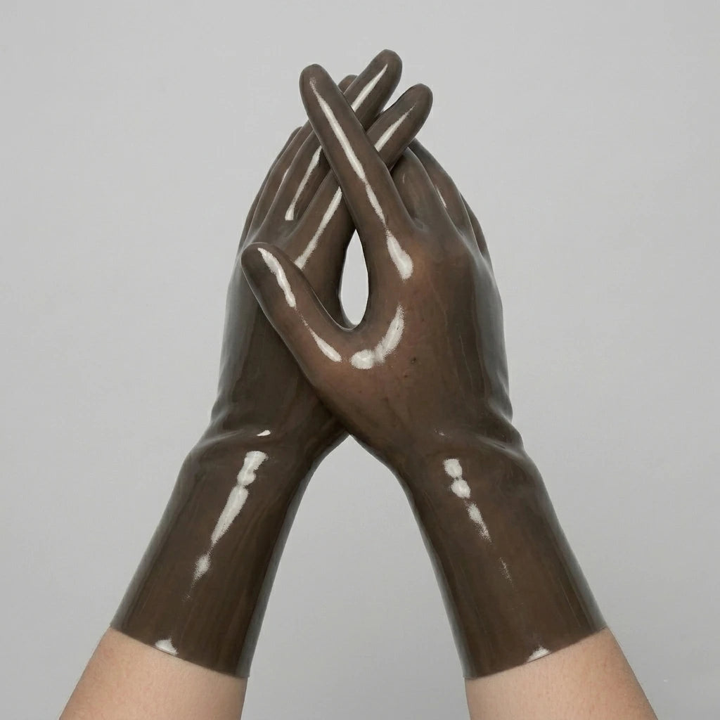 Brown translucent short latex gloves, crossed hands, glossy seamless dipped latex