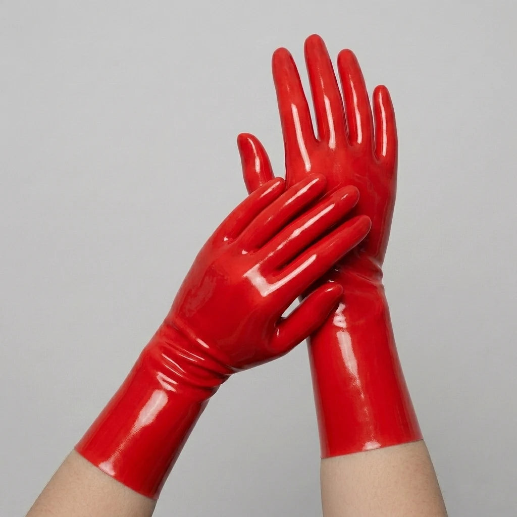 Red short latex gloves, glossy seamless dipped latex, worn on both hands