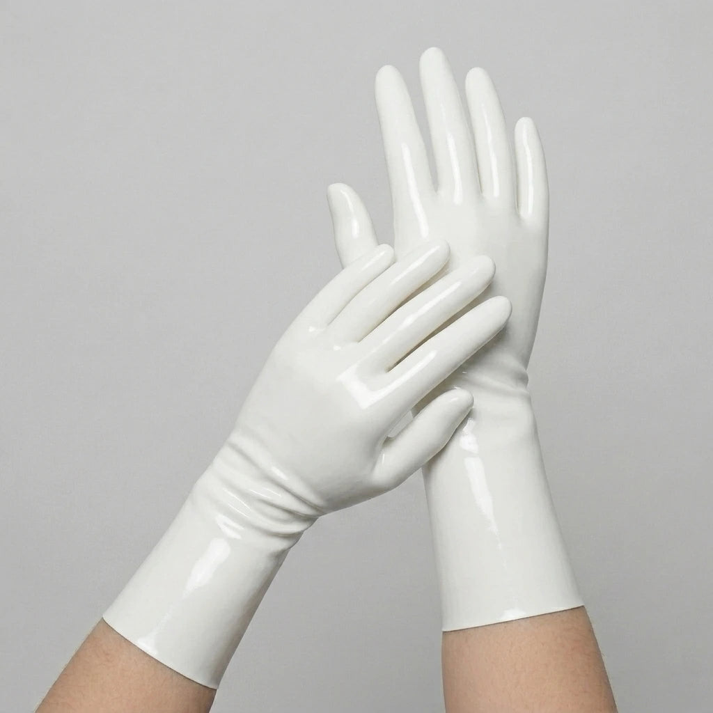 White short latex gloves, glossy seamless dipped latex, worn on both hands