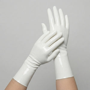 White short latex gloves, glossy seamless dipped latex, worn on both hands
