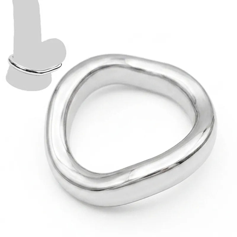Stainless Steel Contoured Cock Ring on a white background with a small wearing guide illustration