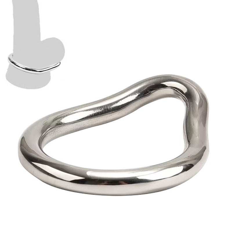 Stainless steel curved cock ring with an illustration of how it is worn