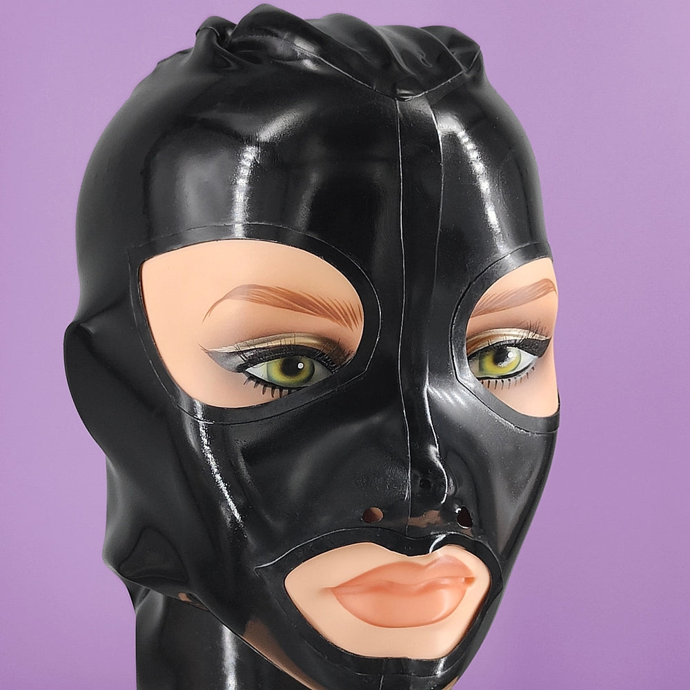 Black latex mask with a polished finish displayed on a realistic mannequin, slightly turned right for a detailed angled view.