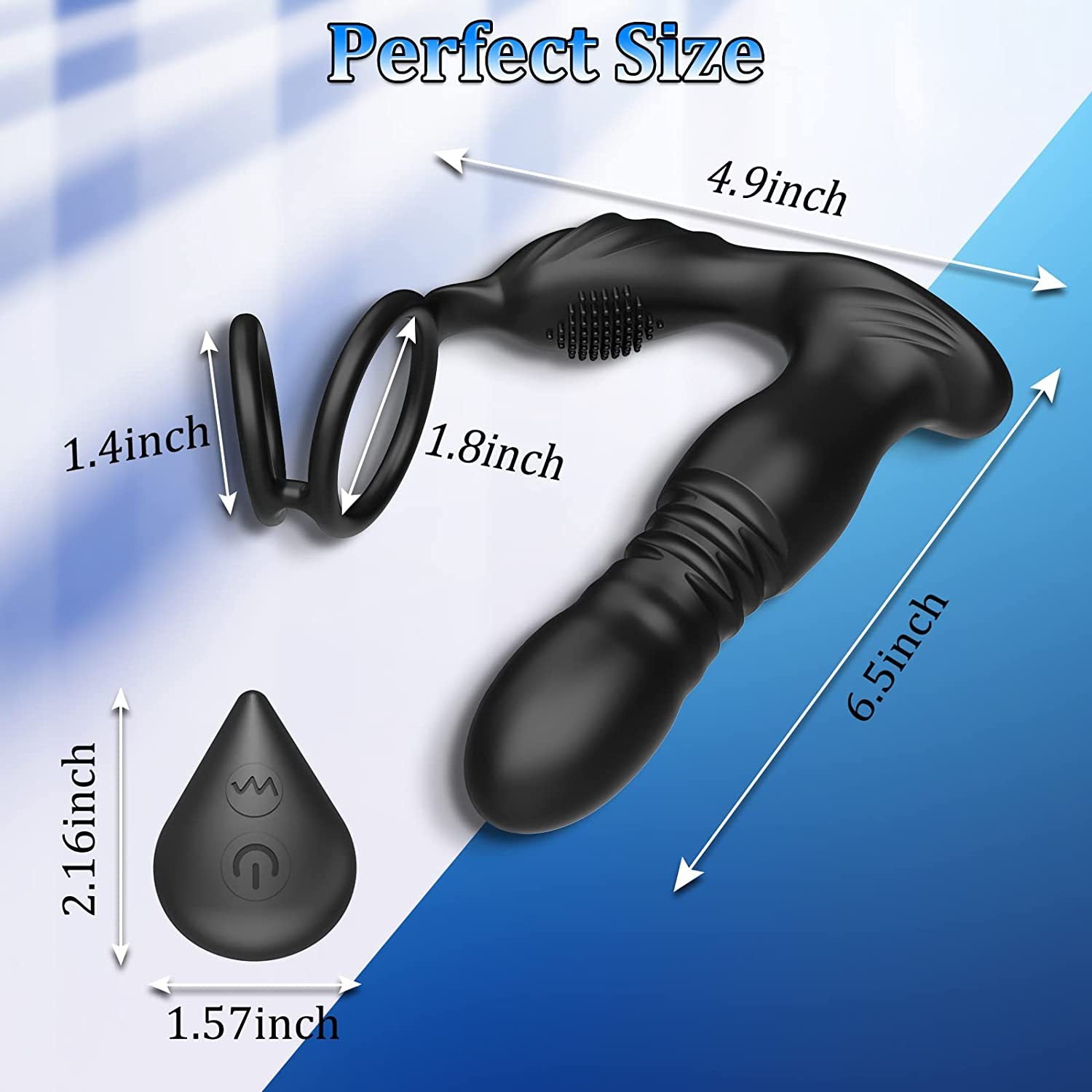 Detailed dimensions of the prostate stimulator showcasing its ergonomic and compact design.