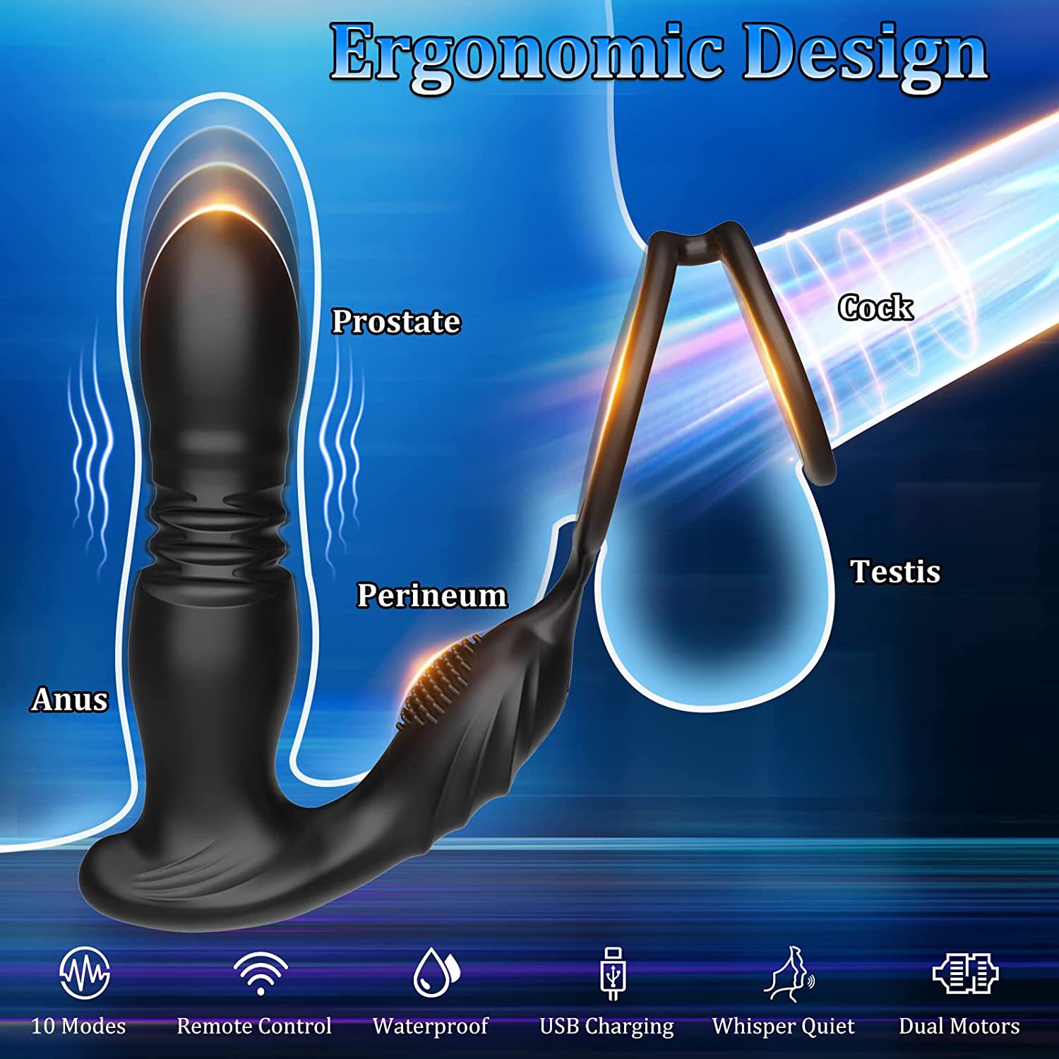 Instructional image showing the prostate stimulator on a model penis with rings, demonstrating proper usage for optimal pleasure