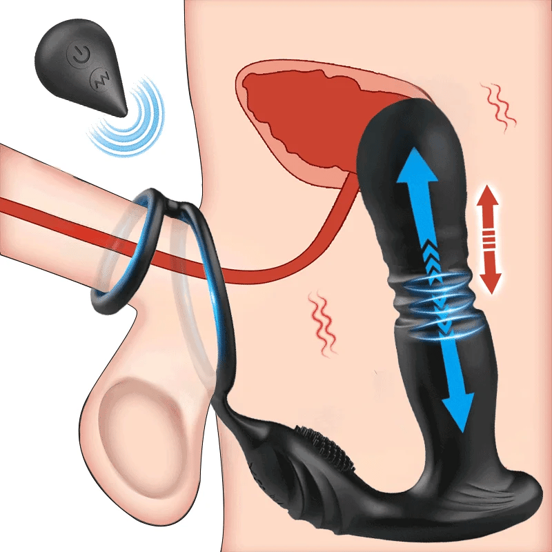 Animated GIF illustrating the dynamic thrusting motion of the prostate stimulator during operation.