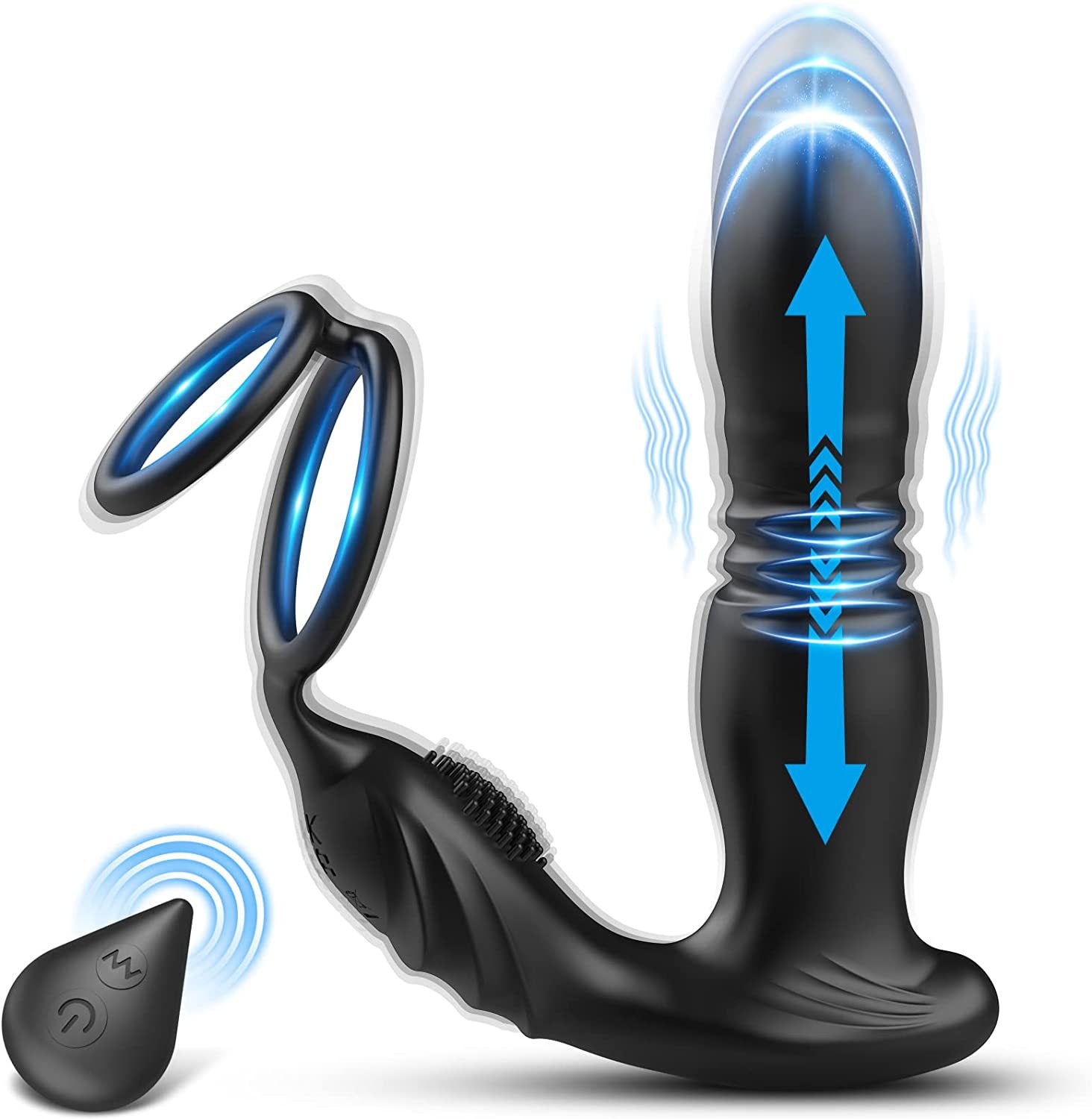 Prostate stimulator on a white background with remote control, emphasizing its wireless and user-friendly operation.