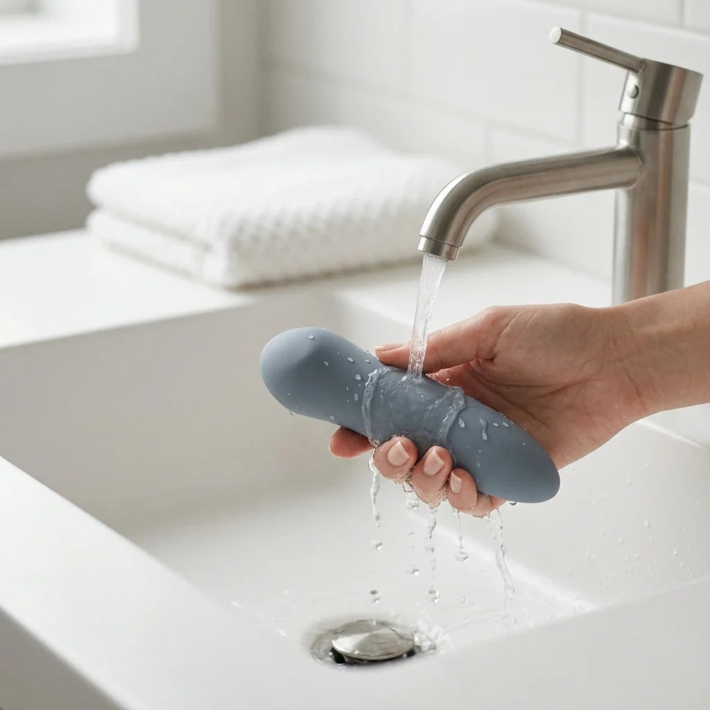 Close-up editorial product photography of a generic grey silicone adult wellness device being gently washed under running water from a modern faucet in a clean, bright bathroom.