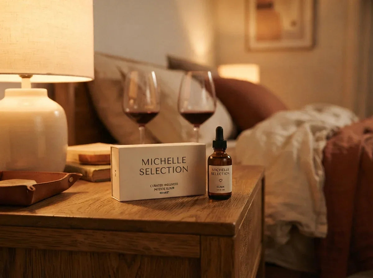 Intimate nightstand setting in a warmly lit bedroom with a discreet wellness product and wine glasses, representing a conversation about sexual wellness products between partners