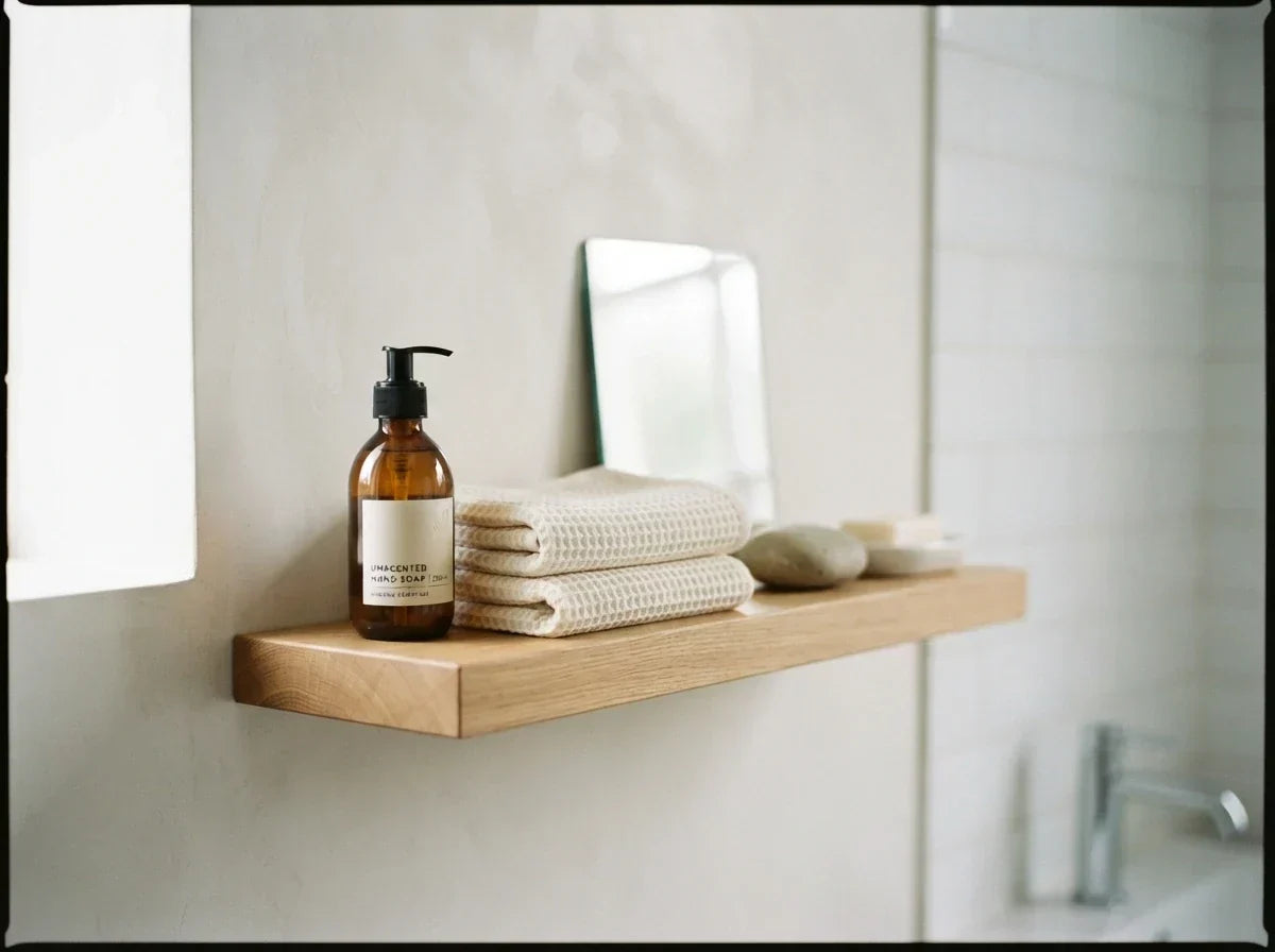 A minimalist oak floating shelf in a bathroom holding an amber glass pump bottle of hand soap, a stack of folded waffle-weave towels, a small mirror, and a river stone