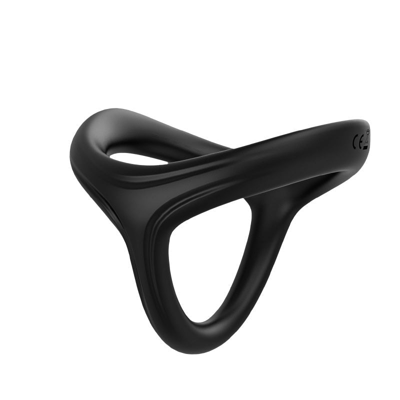 Black 2in1 silicone cock ring with two crossed loops, side view