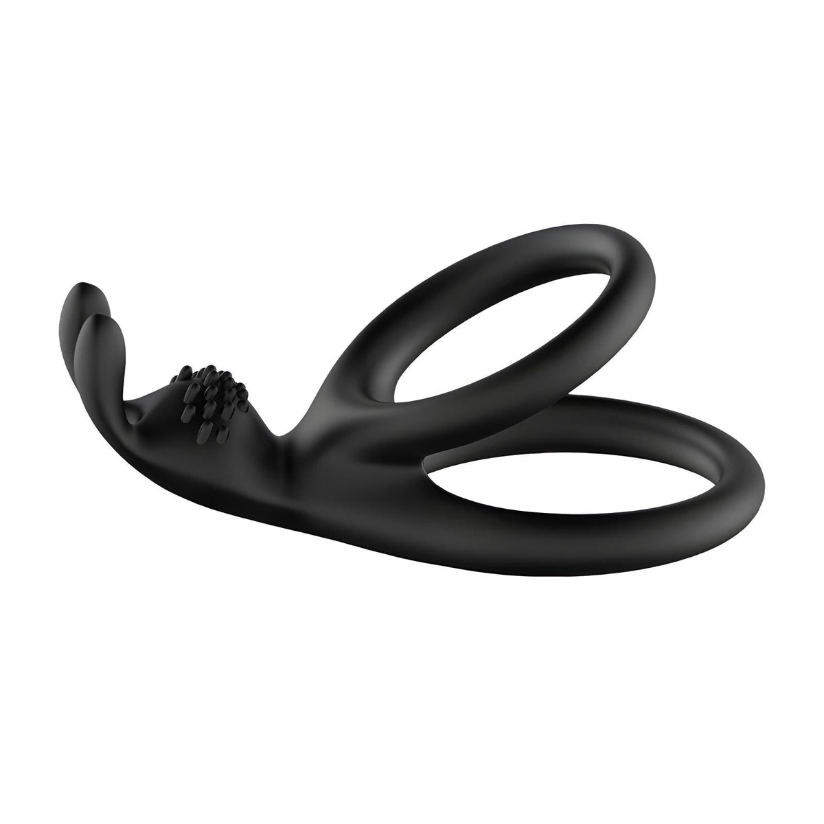 Black 3in1 silicone cock ring with two loops and textured clitoral stimulator, side view