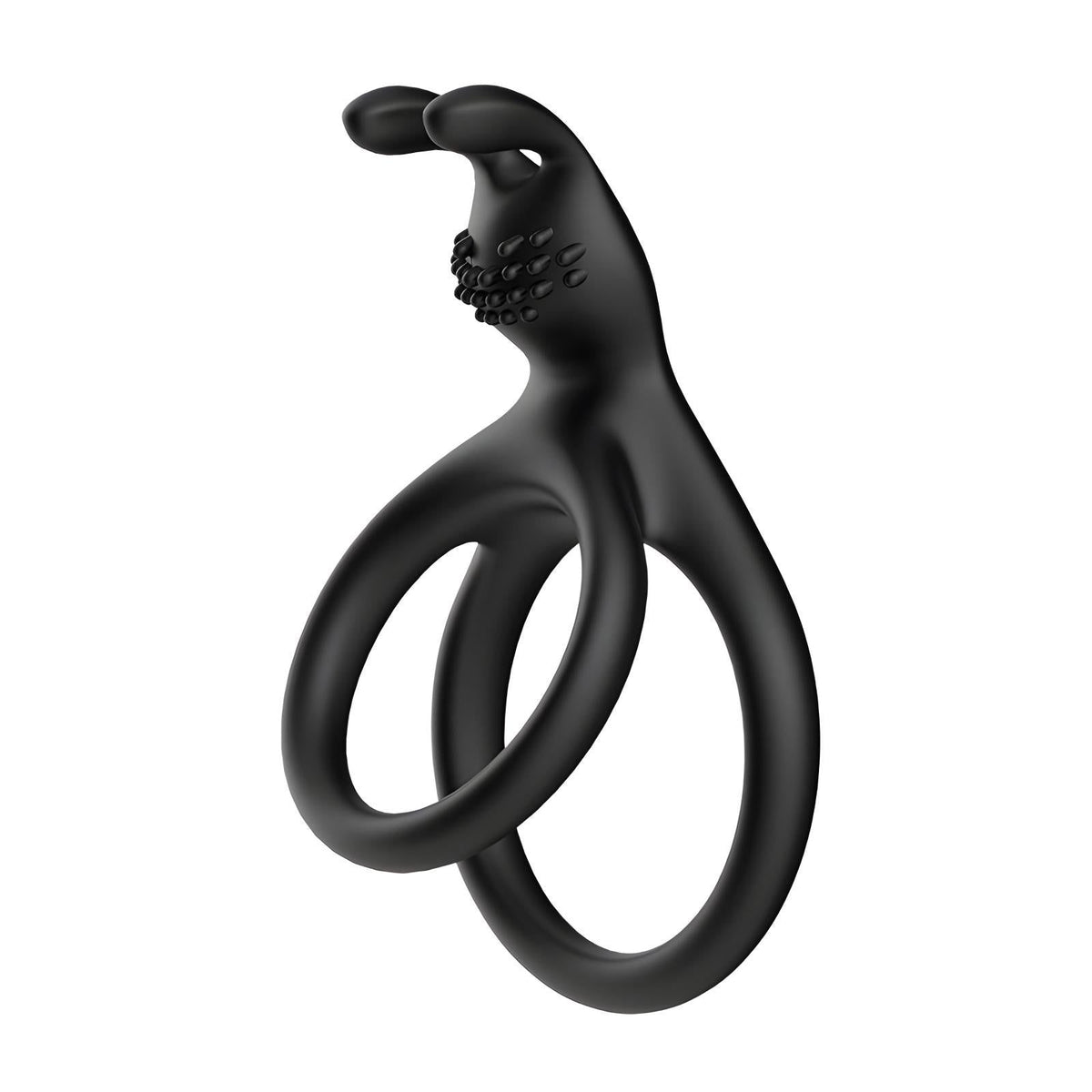 3in1 silicone cock ring, two loops with textured clitoral stimulator, angled view