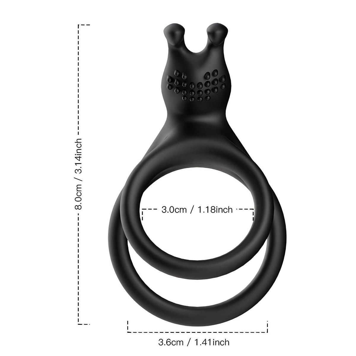 3in1 silicone cock ring size diagram: 8 cm long, loops of 3.0 cm and 3.6 cm