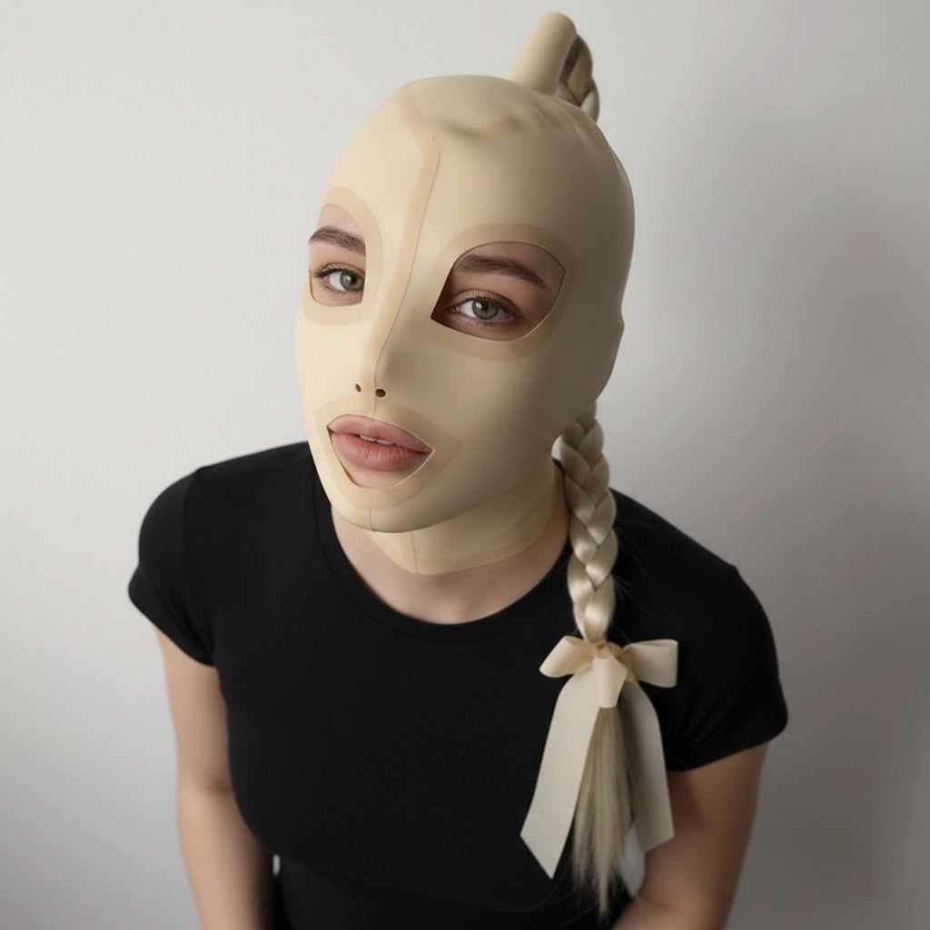 Different perspective of side profile of anatomical beige latex mask with braided hair.