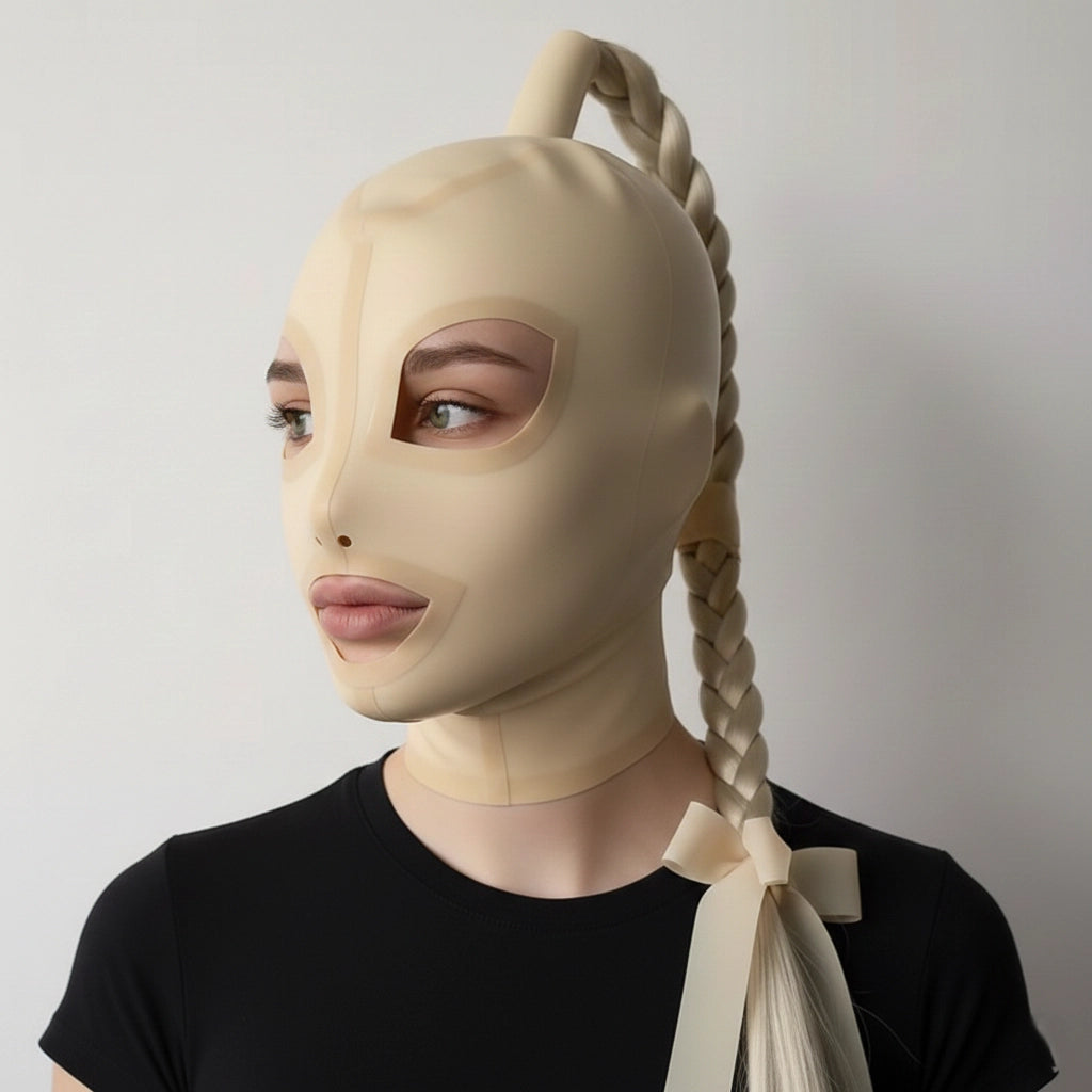 Side profile of anatomical beige latex mask with braided hair.