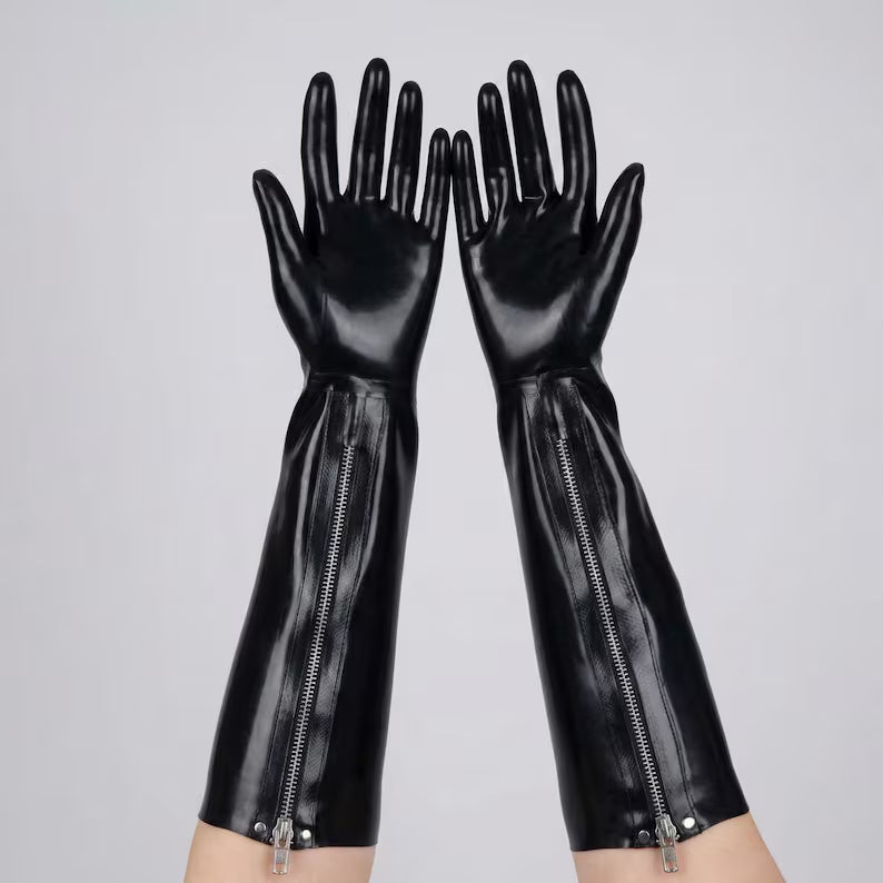Pair of long black latex gloves worn against a gray background showing the full-length inner arm zipper.