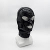 Black latex mask with a polished finish displayed on a white mannequin, front view.