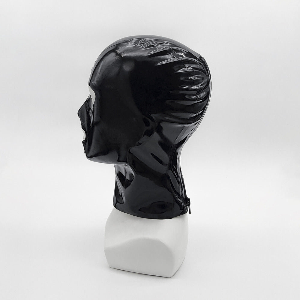 Black latex mask with a polished finish displayed on a white mannequin, right side view