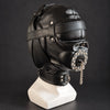 Black leather bondage hood with padded eye covering, adjustable head straps, studded mouth cover, silver chain and leather neck collar, displayed on a white mannequin in three-quarter side view.