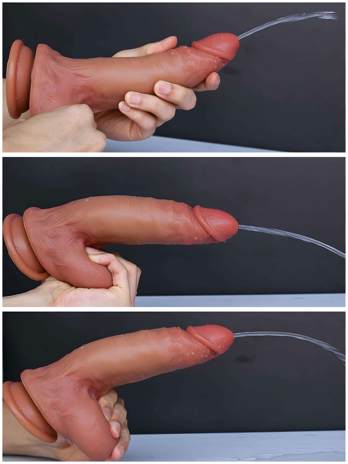 Cannon ejaculating dildo in three shots: hand squeezing the balls and liquid spraying from the tip